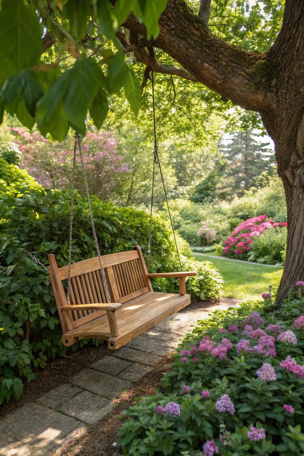 A cedar swing bench creating a playful garden nook.