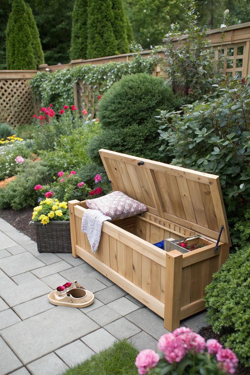 Cedar patio bench that doubles as a storage solution.