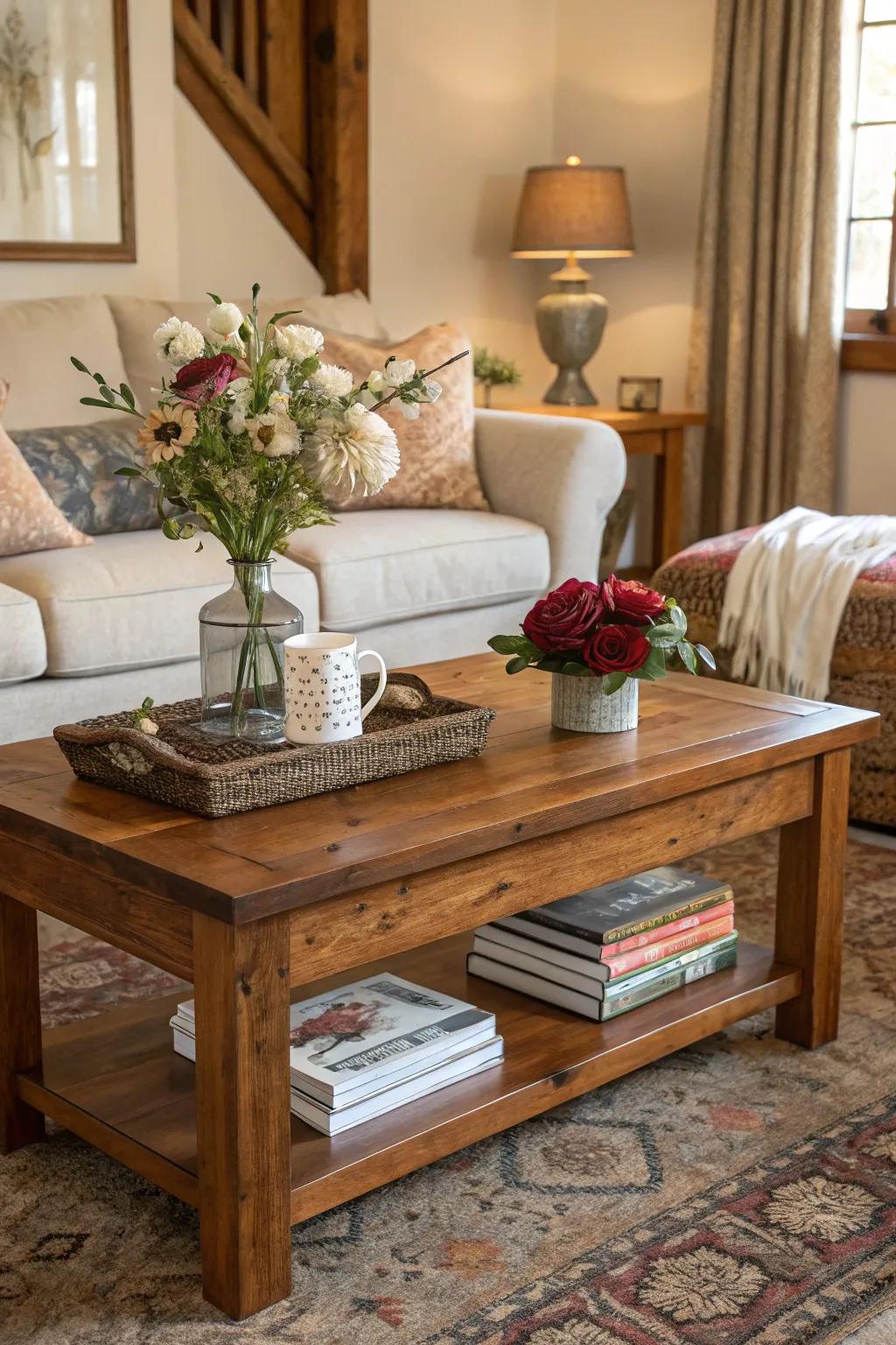 Cedar coffee table adding warmth to a living room.