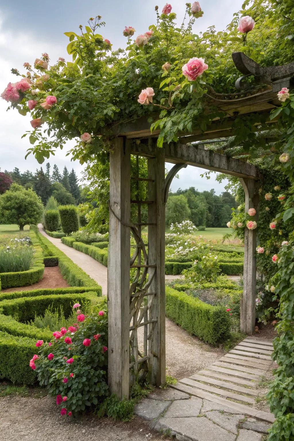 Cedar garden arbor providing an enchanting entryway.