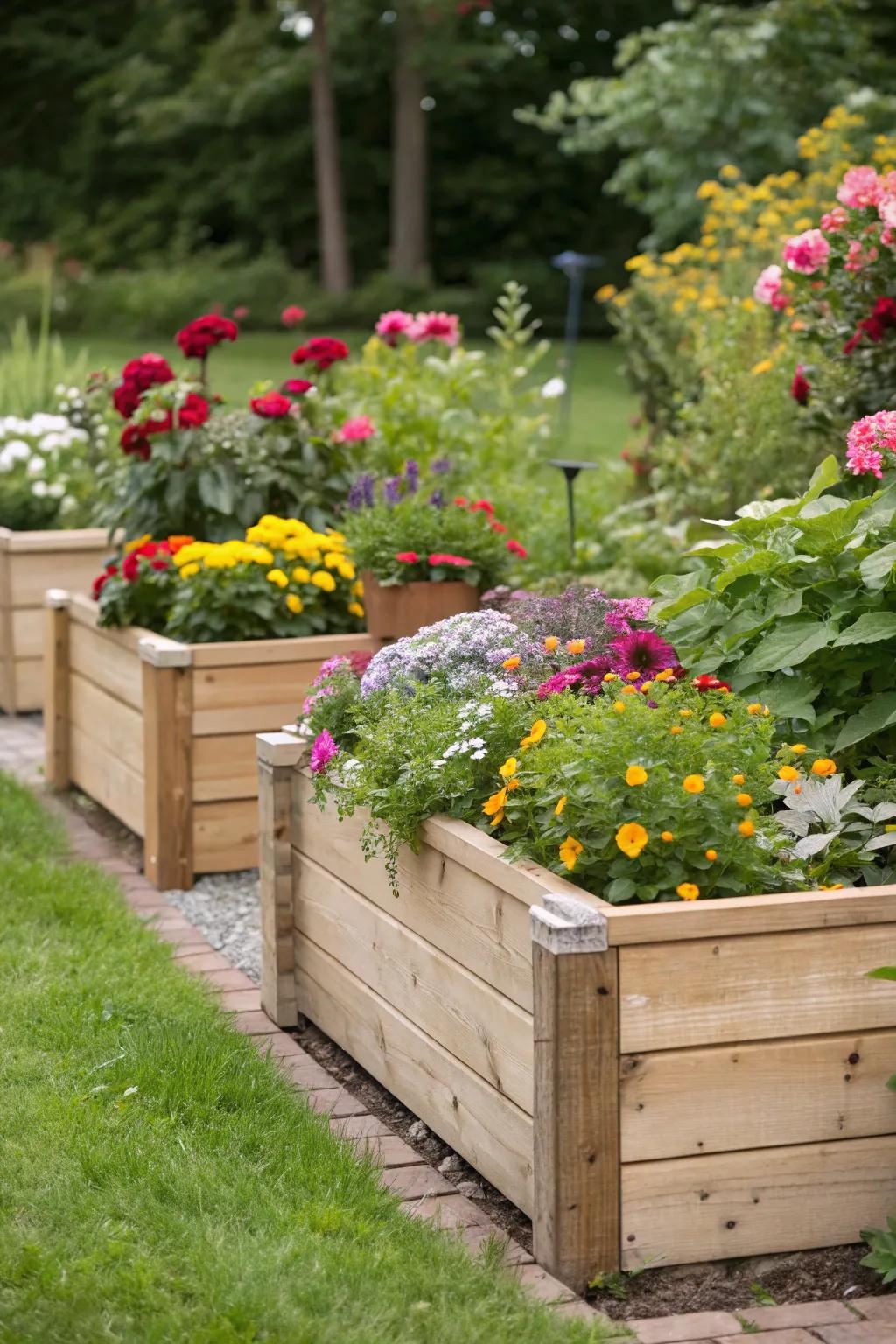 DIY cedar planter boxes showcasing colorful blooms.