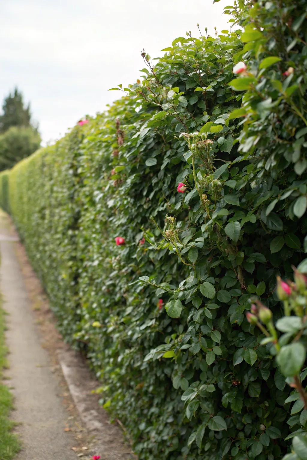 Dense rose hedges serving as both privacy screens and vibrant garden features.