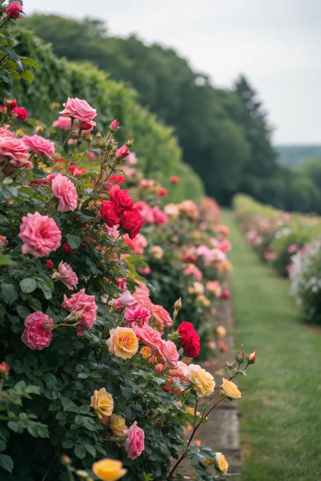 A lively rose hedge featuring a harmonious mix of pink, red, and yellow blooms.
