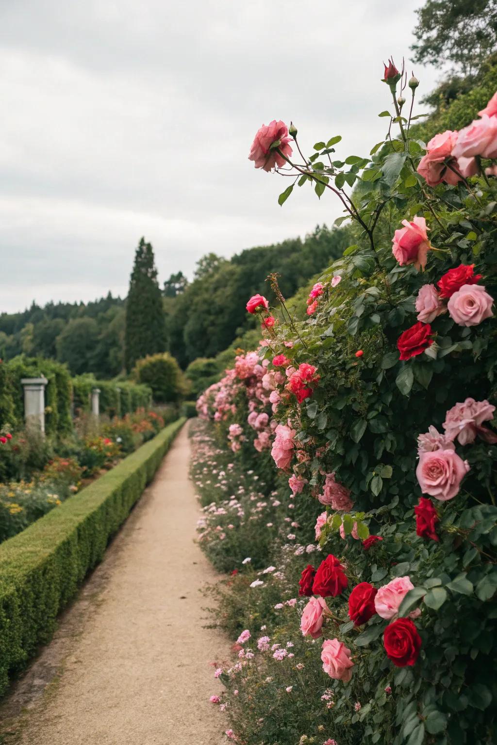 A fragrant rose hedge offering a sensory experience along the garden path.
