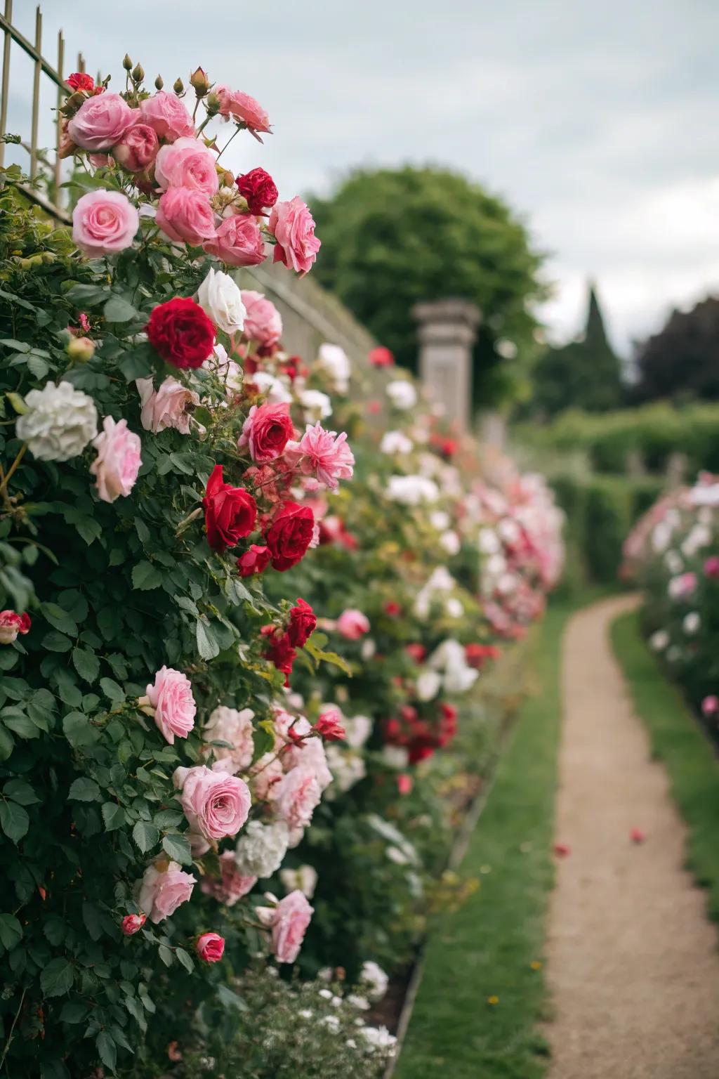 A rose hedge blending heirloom and modern varieties for diverse beauty.
