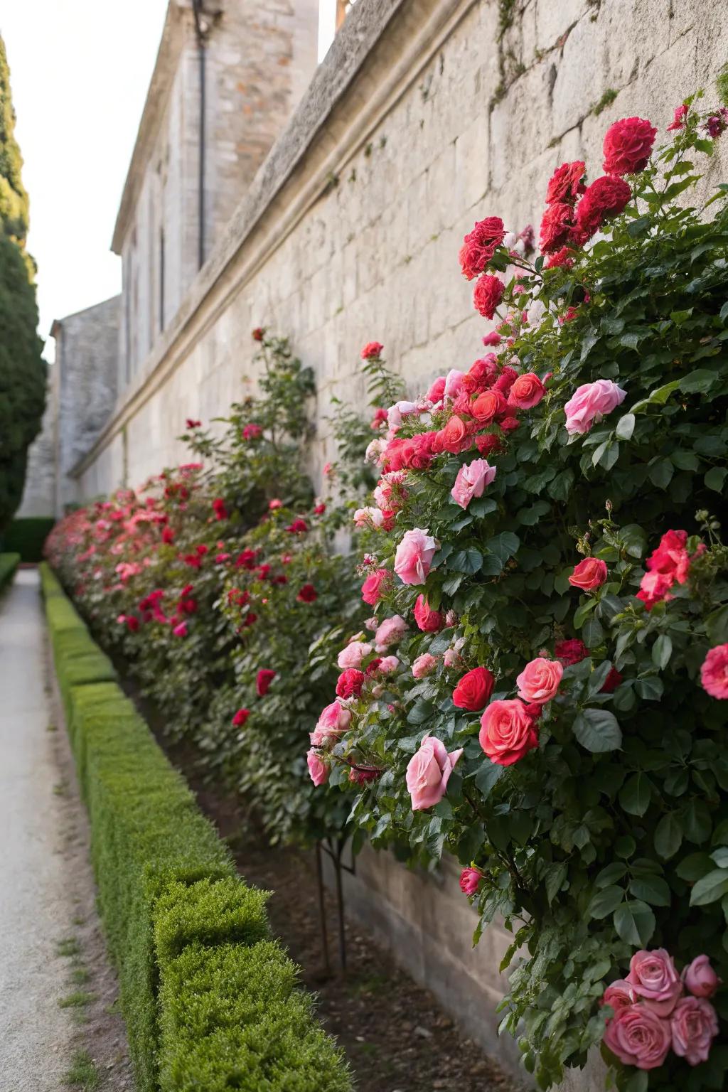 Vertical rose hedges transform plain walls into living, blooming art.