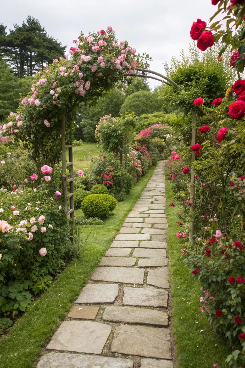 Stone pathways bordered by lush rose hedges, creating a guided garden walk.