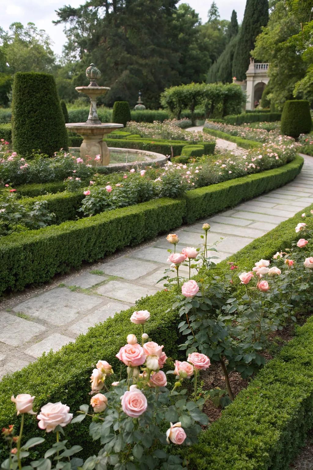 Symmetrical rose hedges create a classic and elegant garden look.