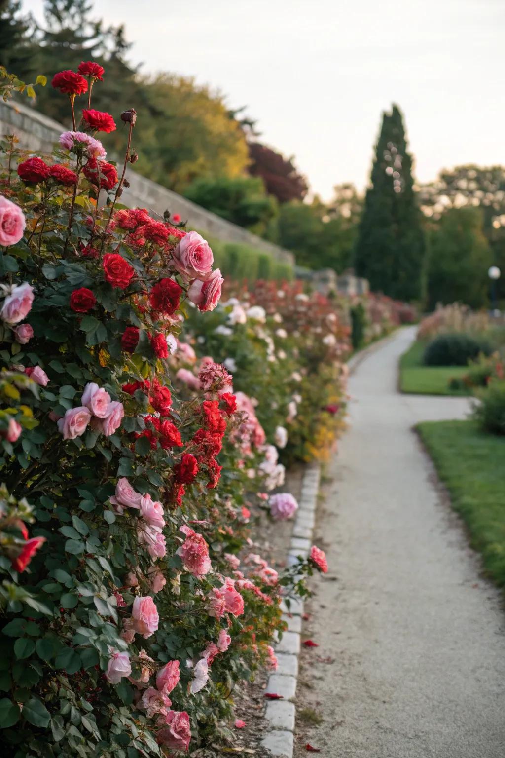 A rose hedge displaying a stunning transition of colors through the seasons.