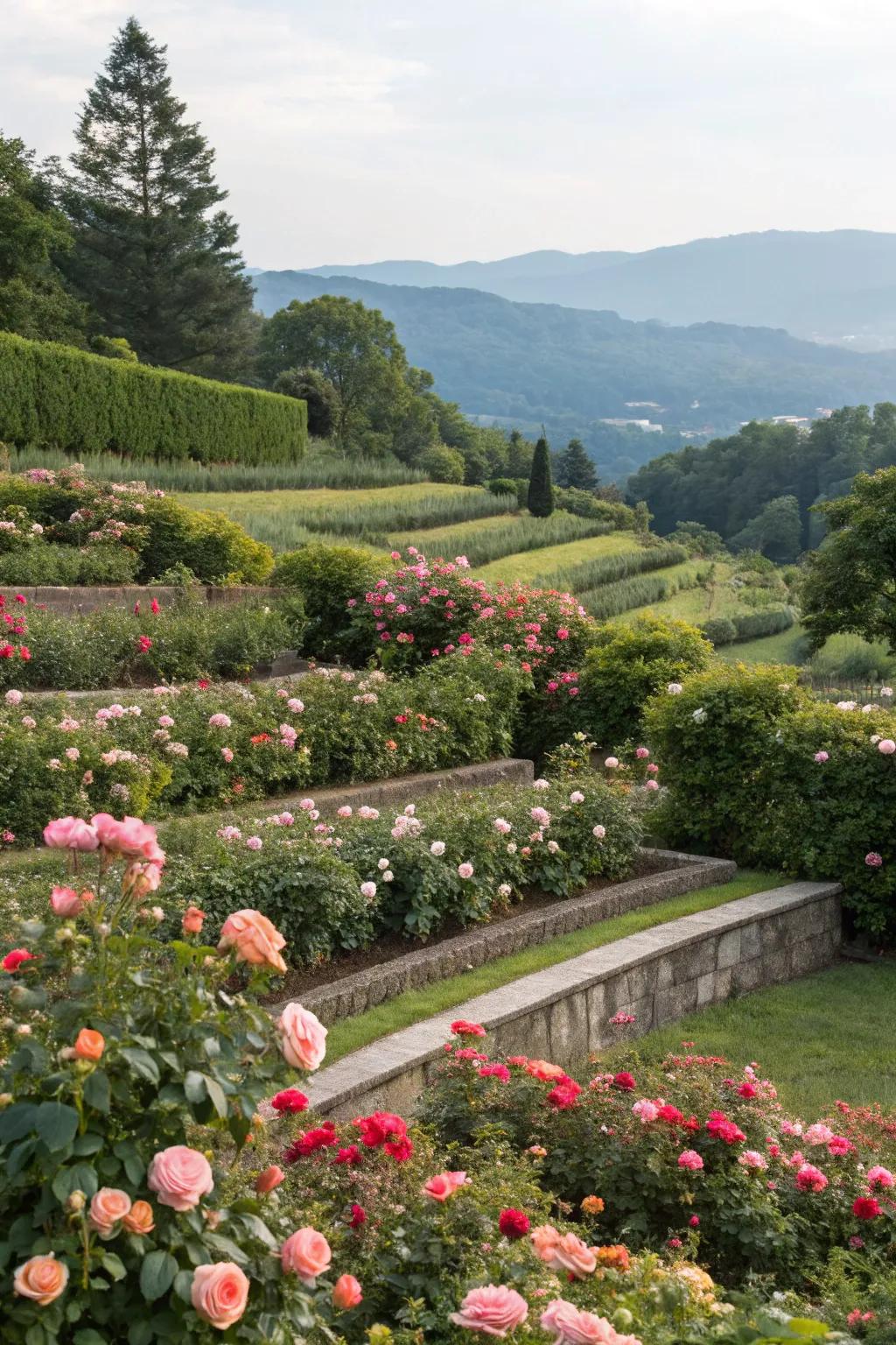 Terraced rose hedges adding depth and dimension to garden landscapes.