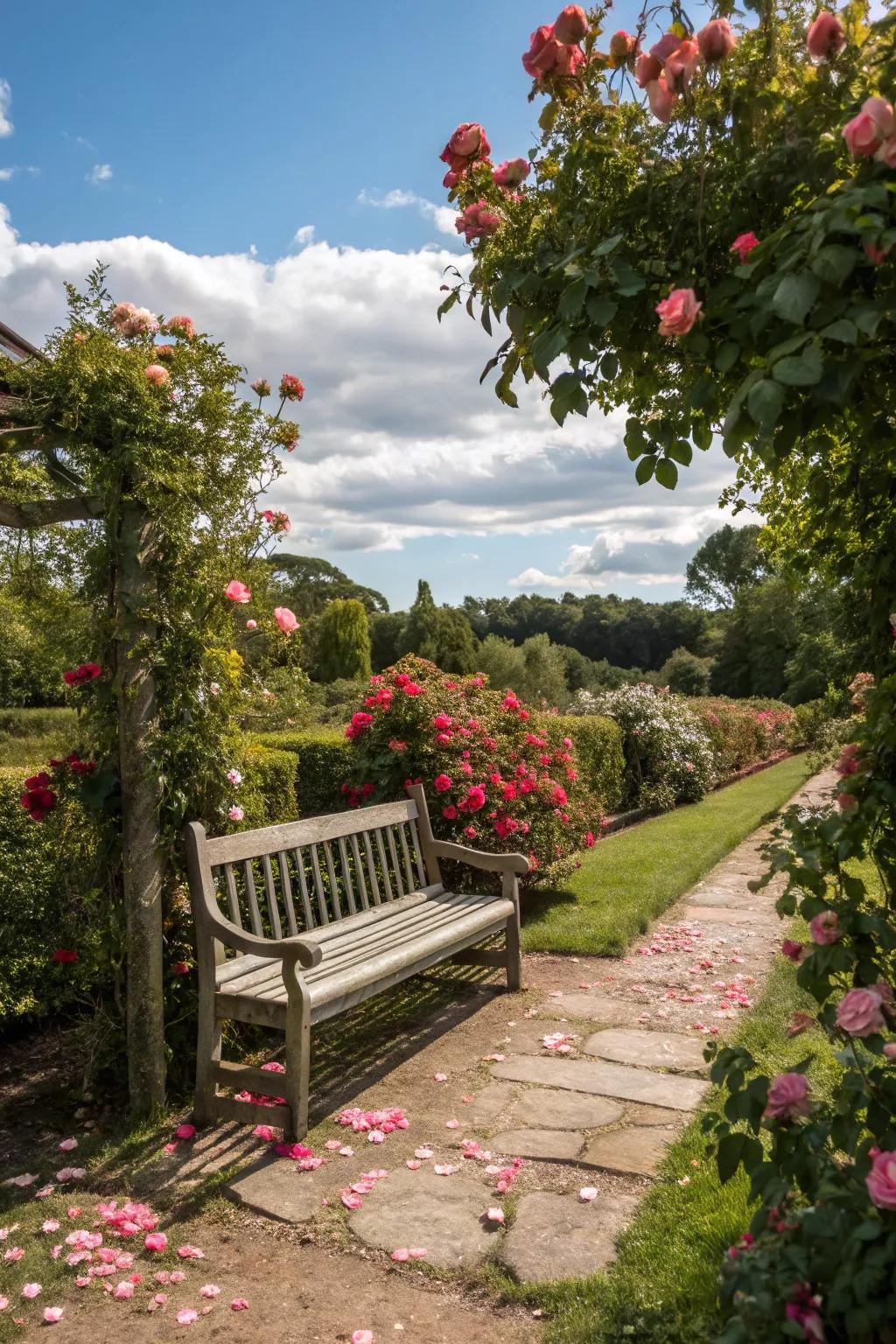 A peaceful garden bench nestled amongst lush rose hedges.