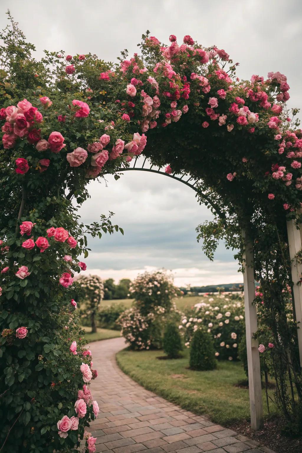 A captivating rose hedge archway inviting guests into the garden.
