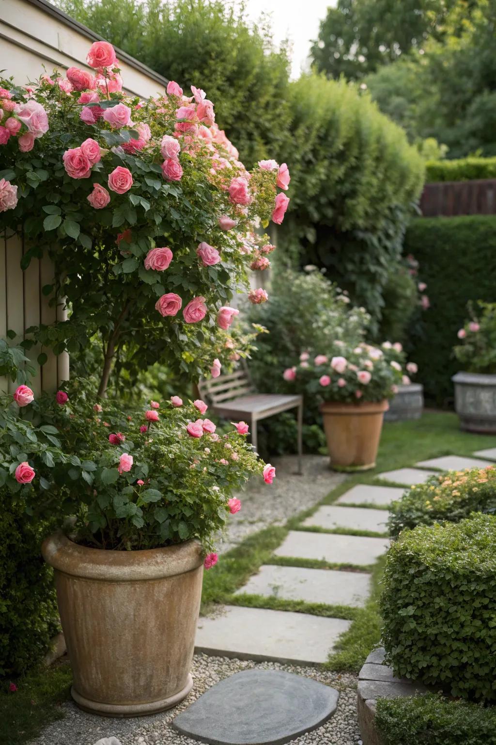 Potted rose hedges creating a vibrant garden feel in small spaces.
