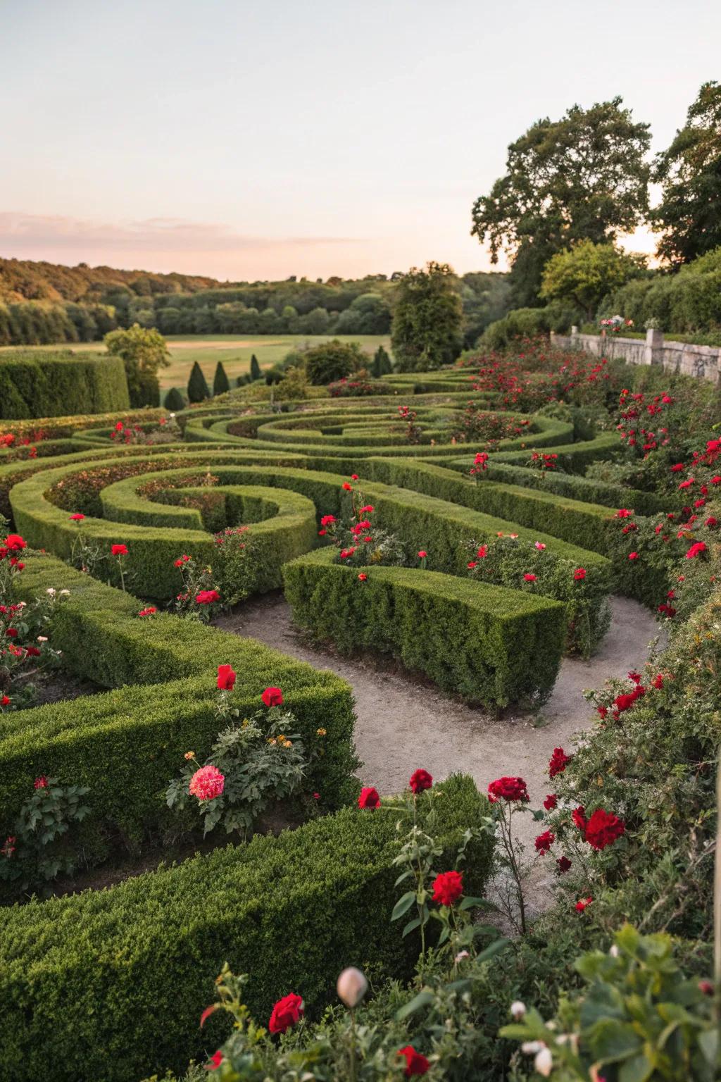 An enchanting rose maze offering a whimsical garden experience.