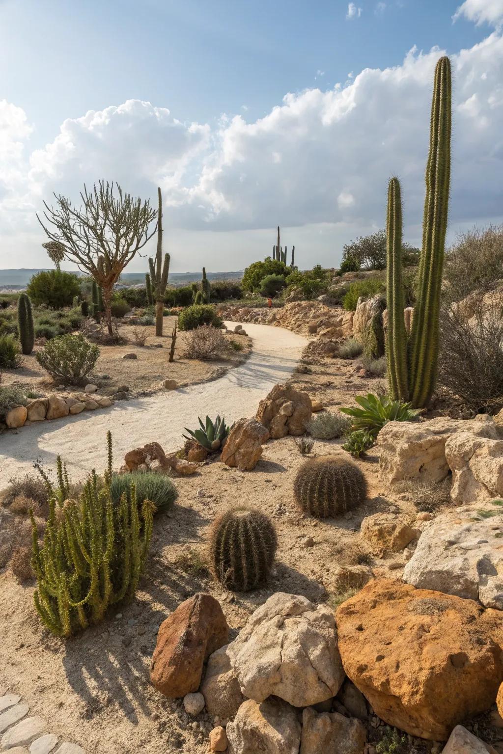 A desert-themed rock garden with cacti and sandy tones.
