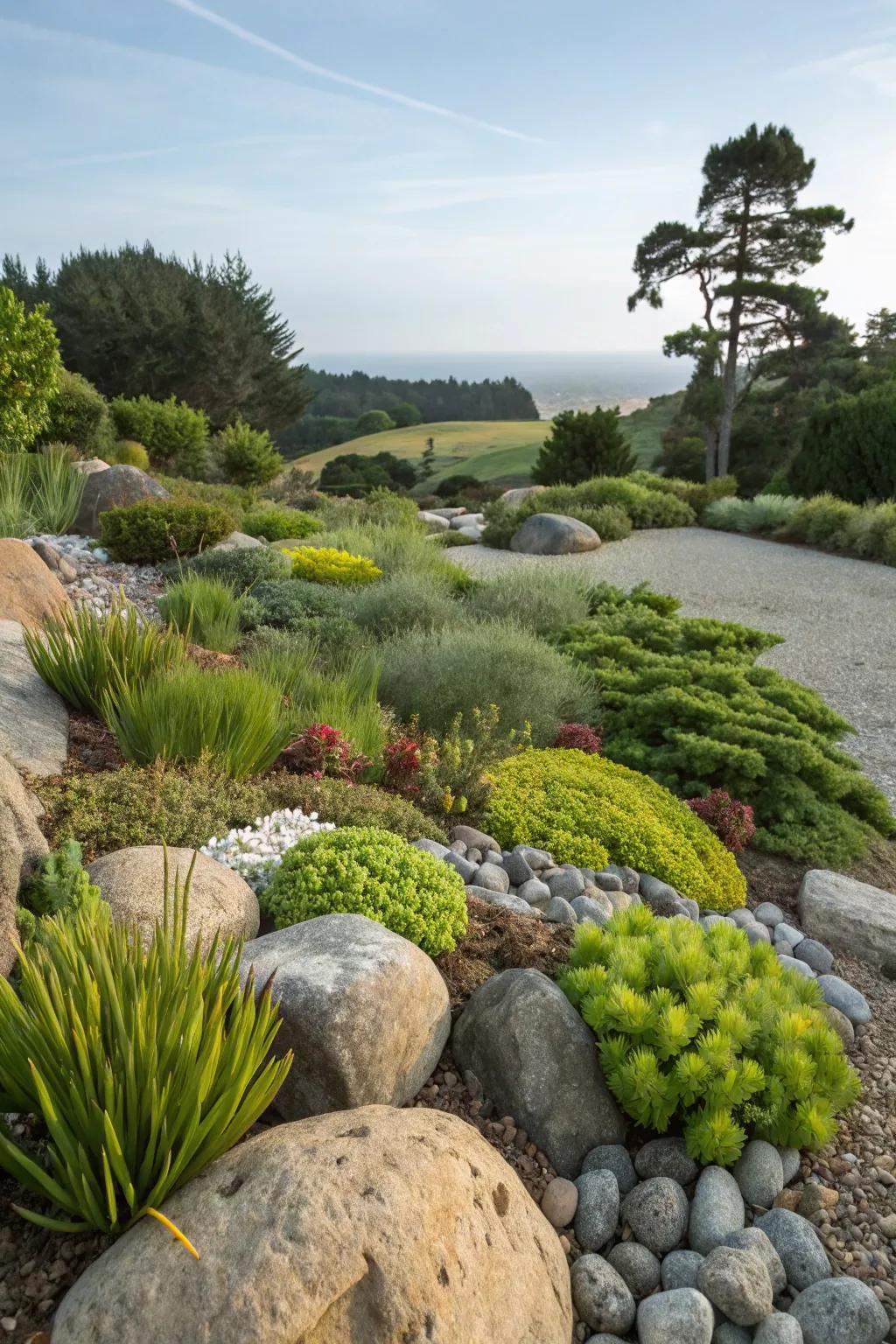 A sustainable rock garden with native plant species.