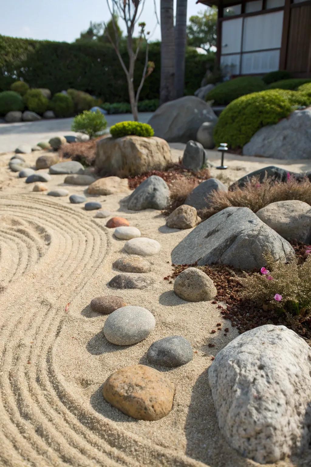 A serene rock garden with a beachy sand and stone combination.