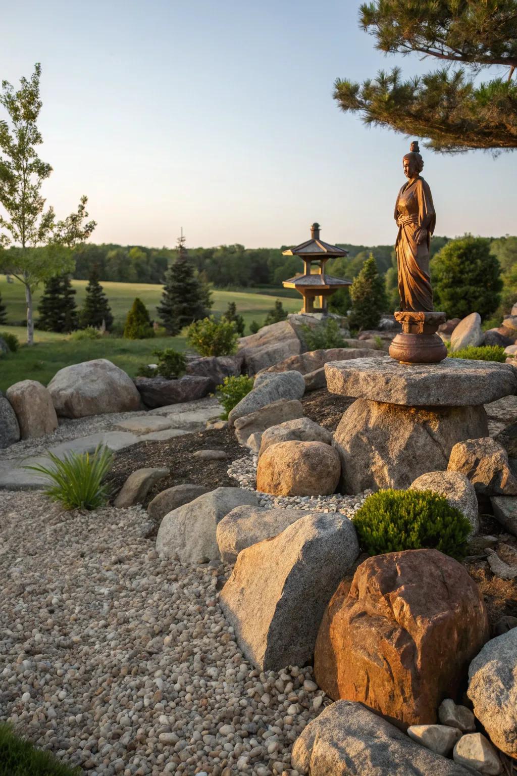 A rock garden featuring a striking bronze sculpture.