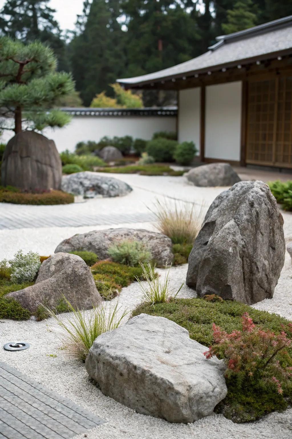 A minimalist rock garden with large stones and a clean design.