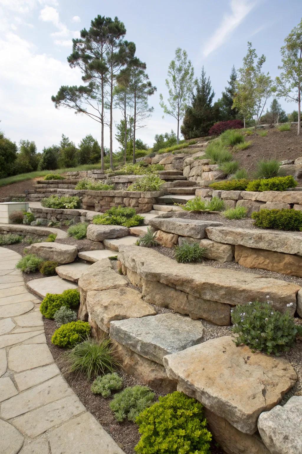 A beautifully tiered rock garden with layered stone terraces.