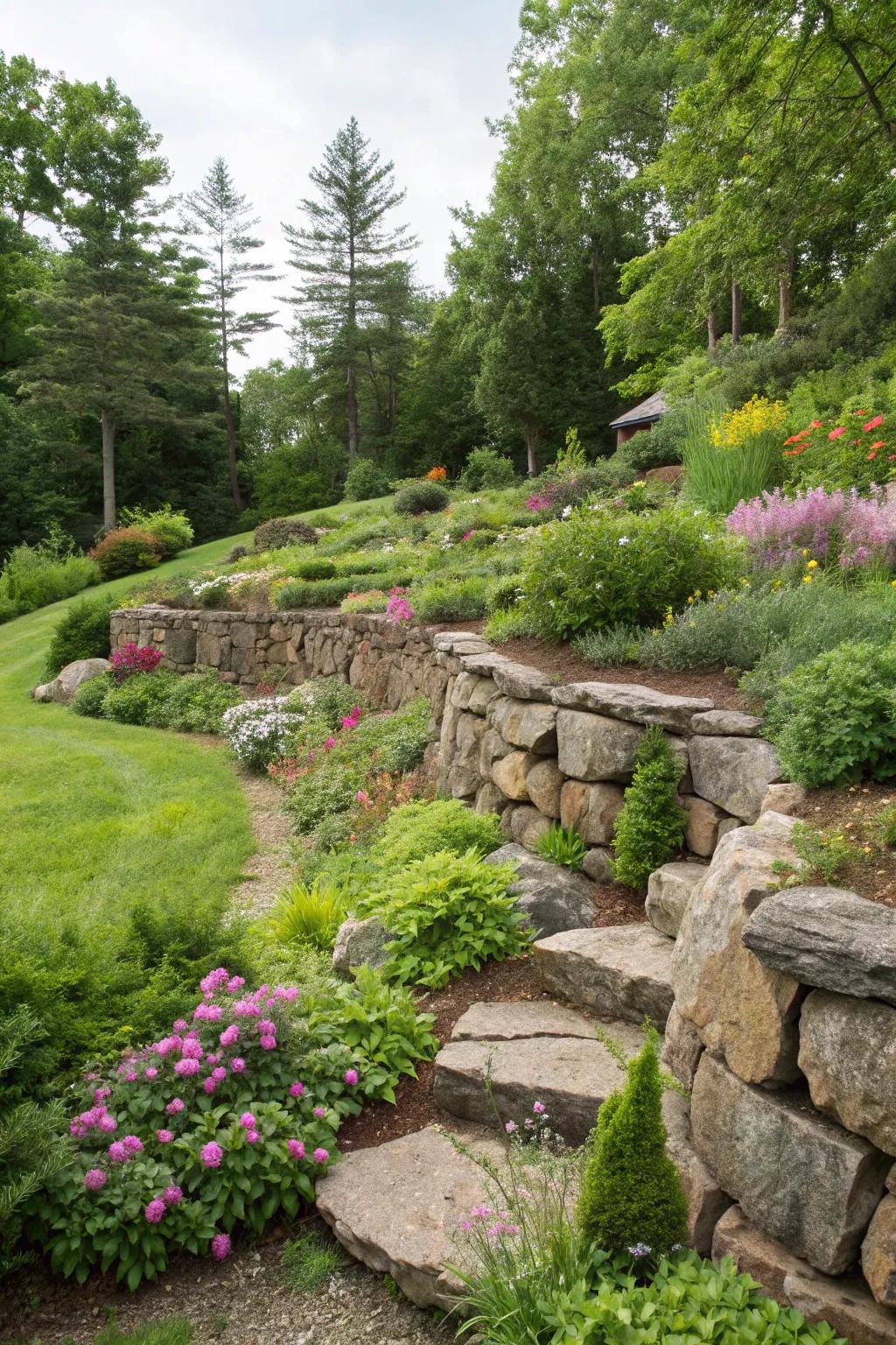 Rock retaining walls add structure and beauty to a garden.