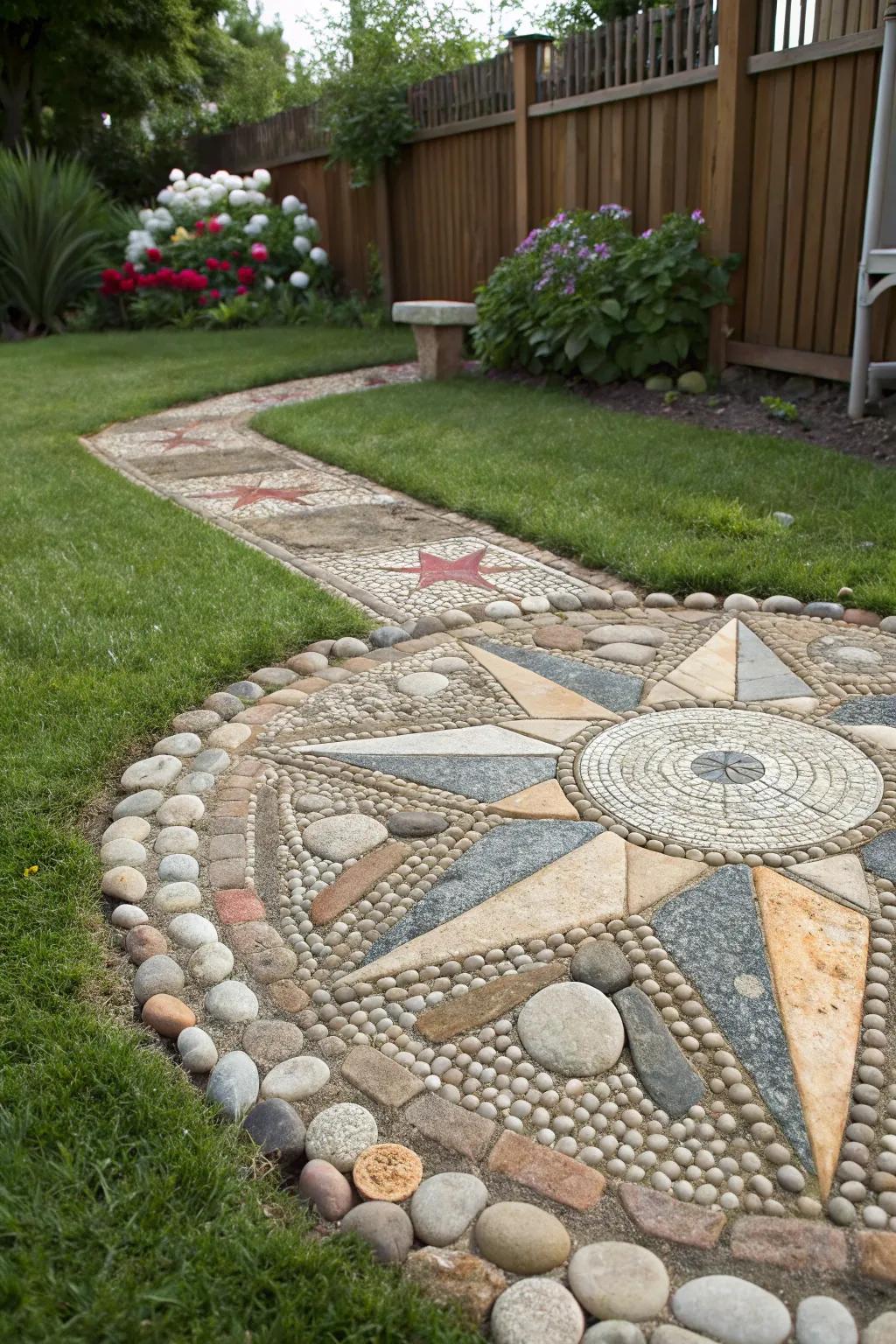 A stunning mosaic rock garden with a starburst design.