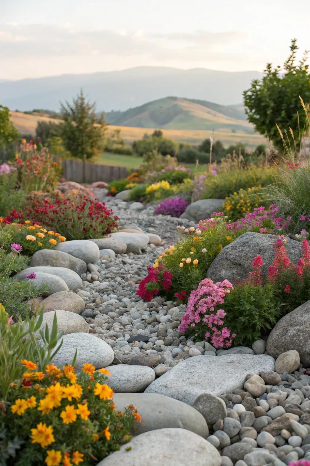 A rock garden with vibrant flowering plants creating contrast.