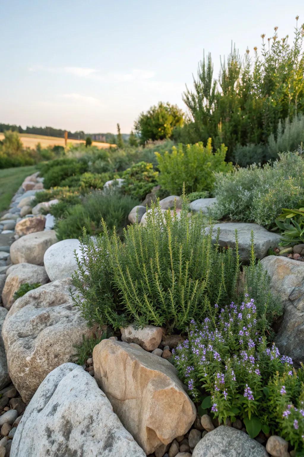 A functional rock garden with aromatic herbs.