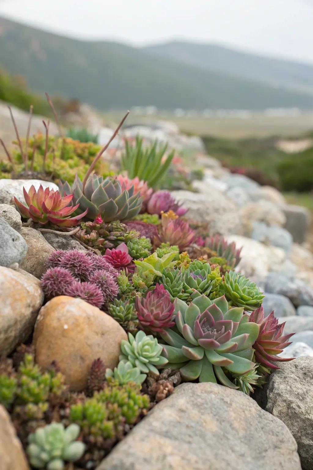 A colorful array of succulents in a rock garden.