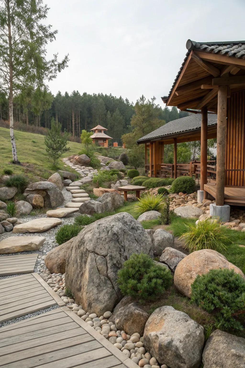 A rustic rock garden with large stones and wooden elements.