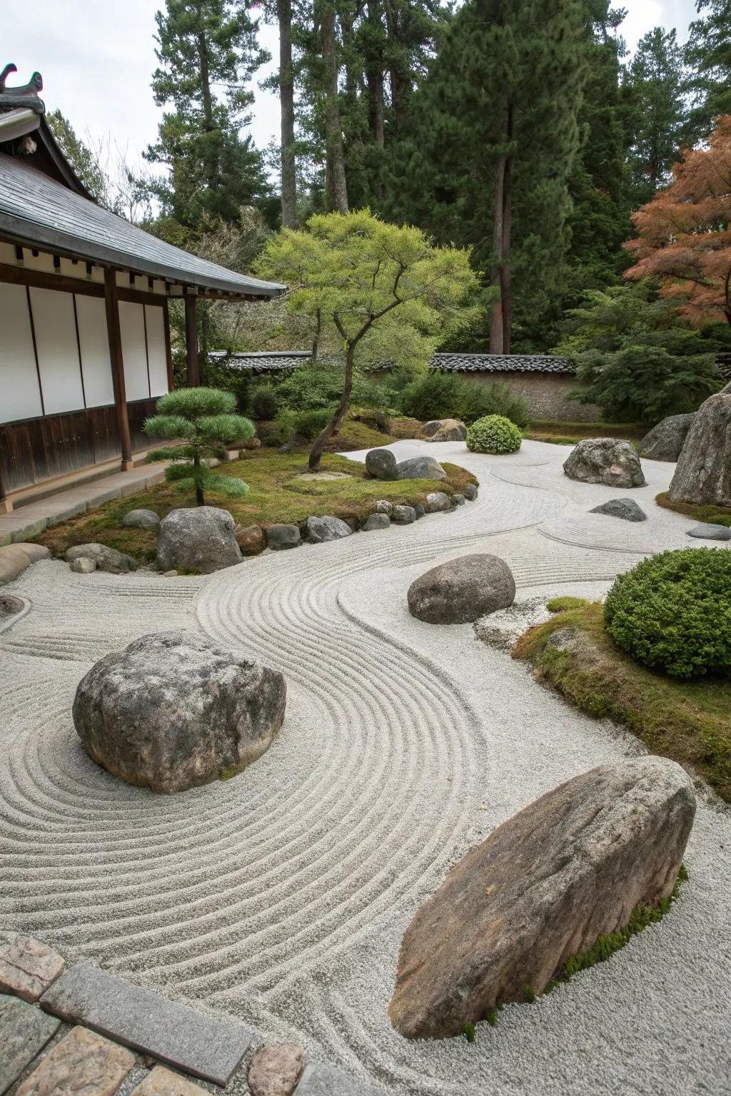 A serene Zen garden with raked gravel patterns.