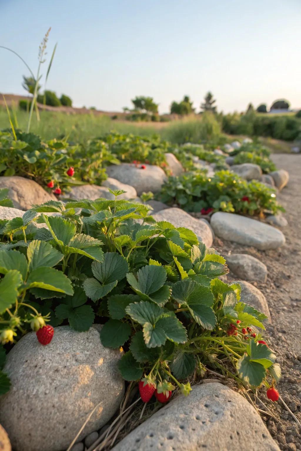 A rock garden incorporating edible strawberry plants.