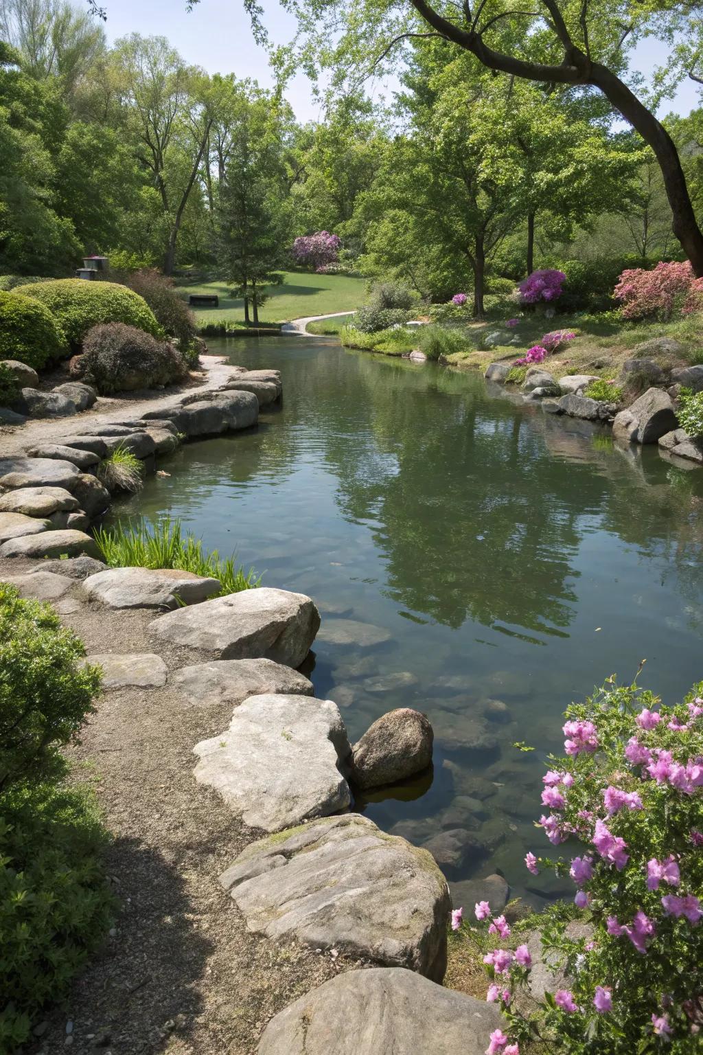 A rock-bordered pond seamlessly integrated into the landscape.