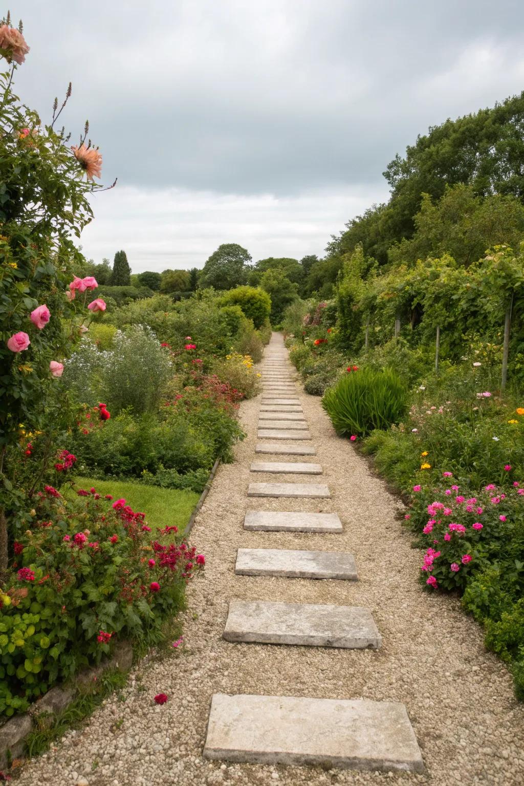 A natural garden pathway with stepping stones and gravel.