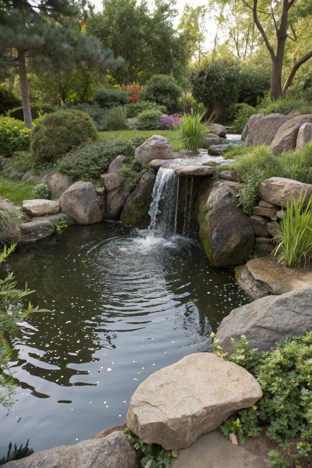 A tranquil rock garden with a small waterfall and pond.