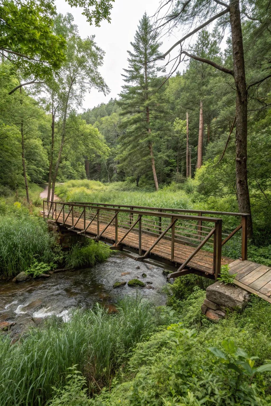 A recycled material bridge showcases sustainability and rustic charm.