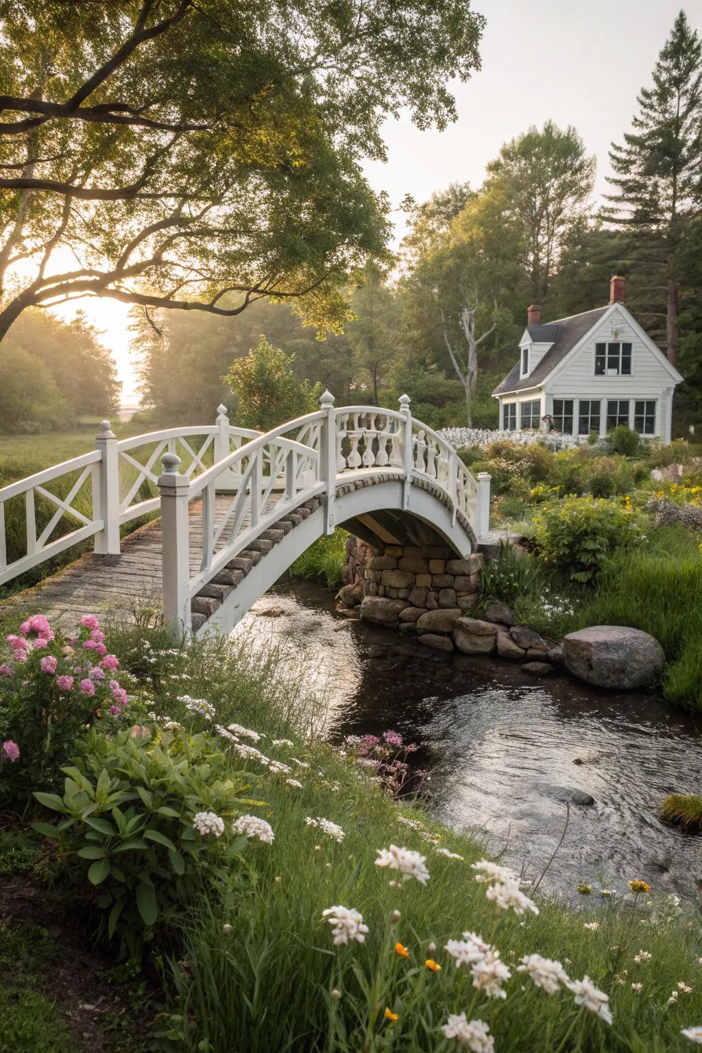A cottage style bridge invites a storybook charm to the garden landscape.