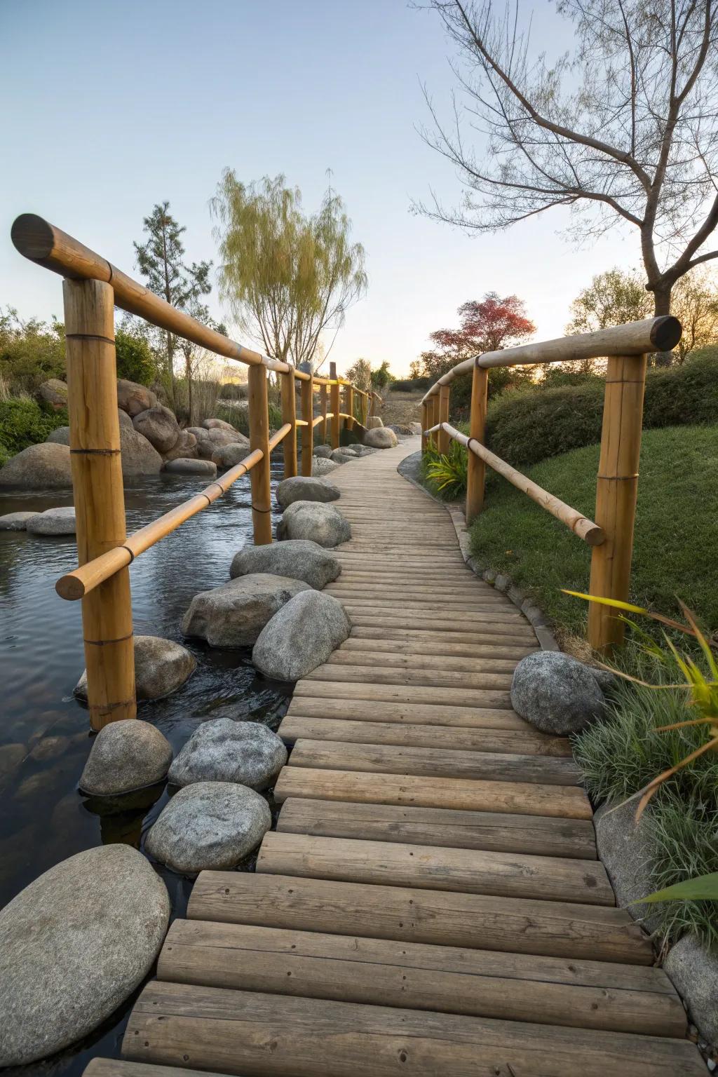A Zen garden bridge invites tranquility and mindfulness to the garden.