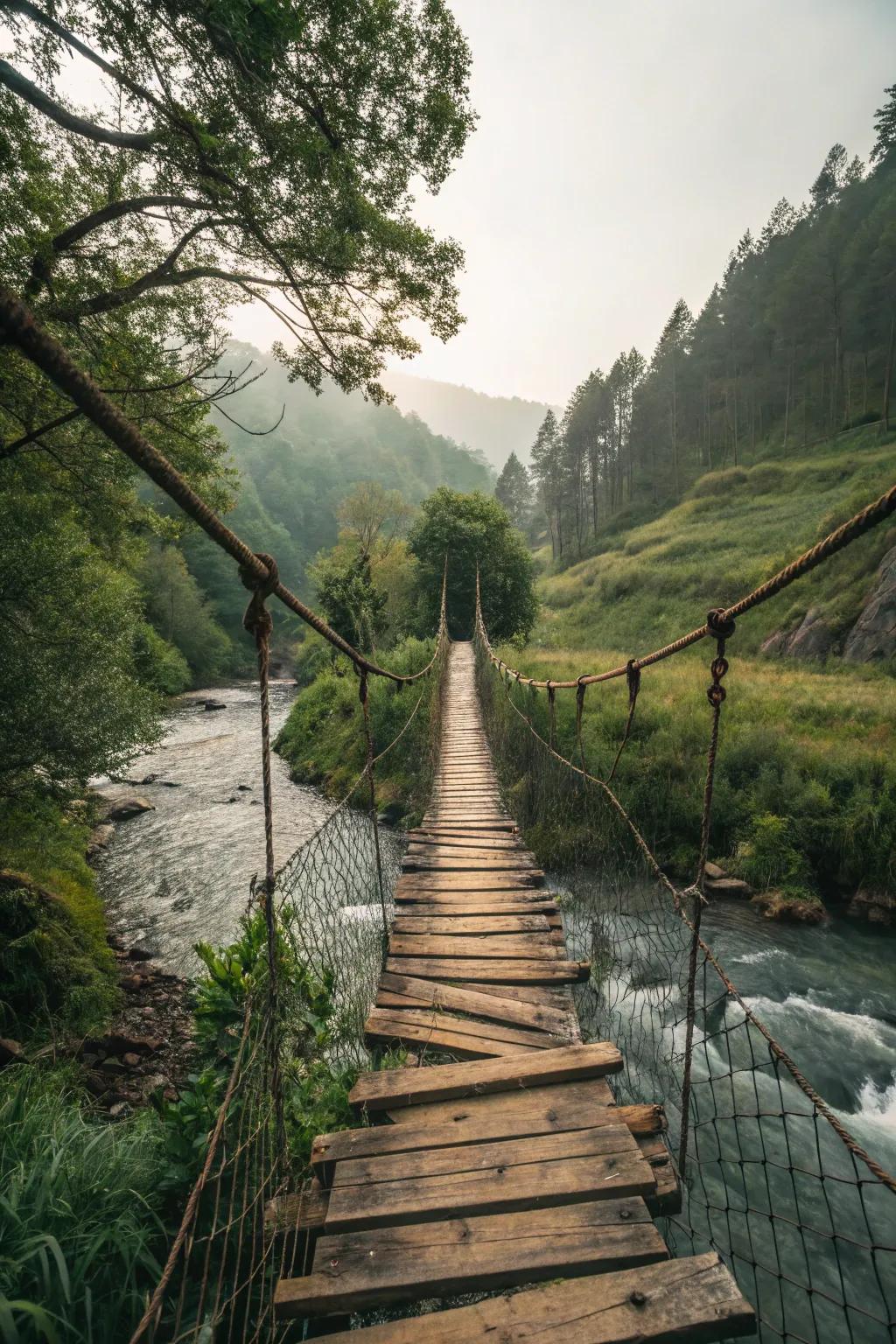 A small suspension bridge offers a playful crossing over the creek.