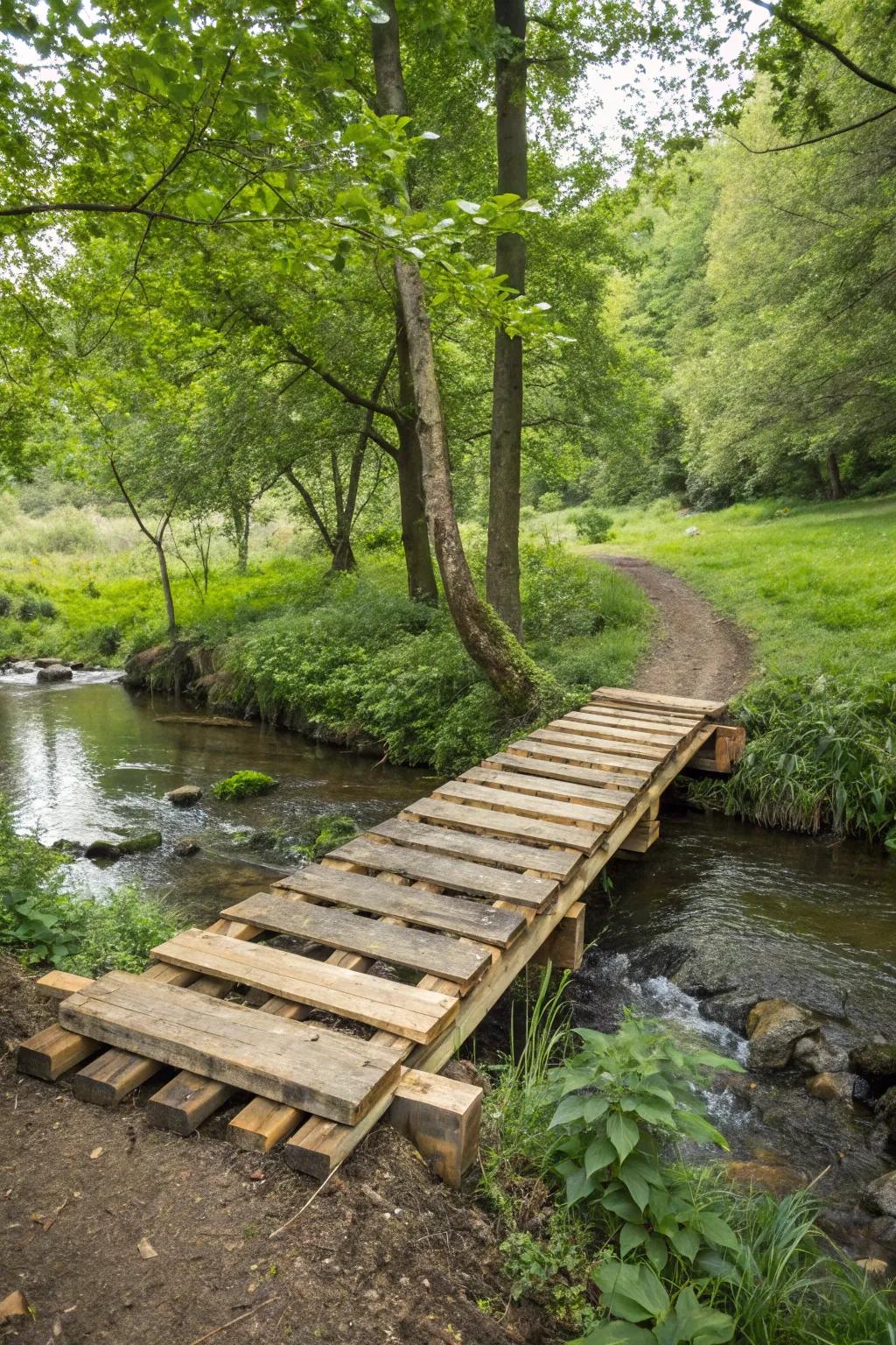 A DIY pallet bridge offers a creative and cost-effective crossing solution.
