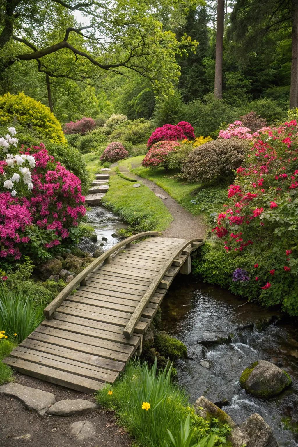 A garden pathway bridge harmonizes with vibrant flora, creating a picturesque crossing.