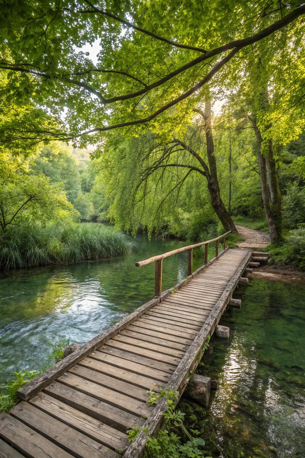 A floating bridge creates an enchanting crossing over the peaceful creek.