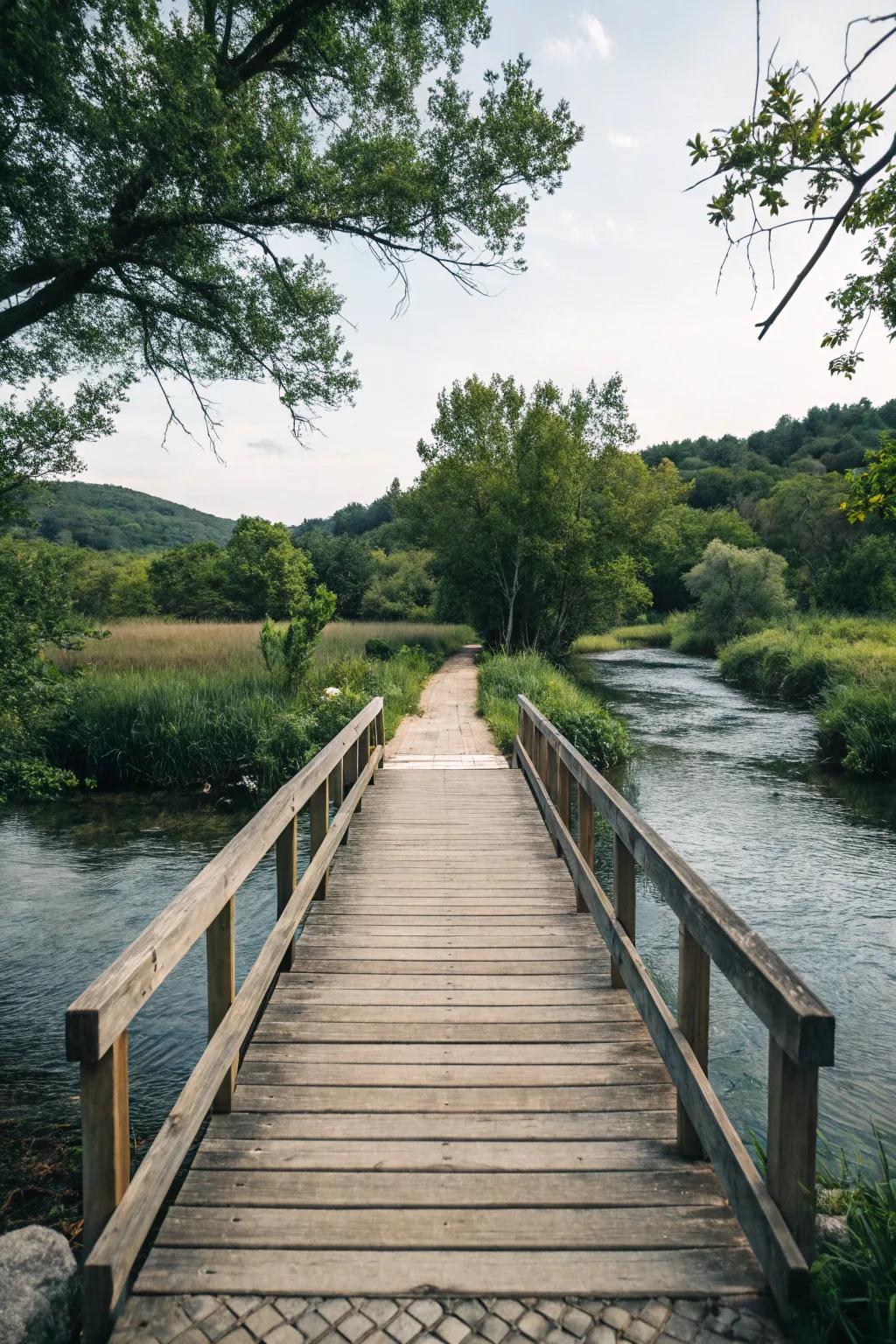 A minimalist plank walkway offers a straightforward path over the water.