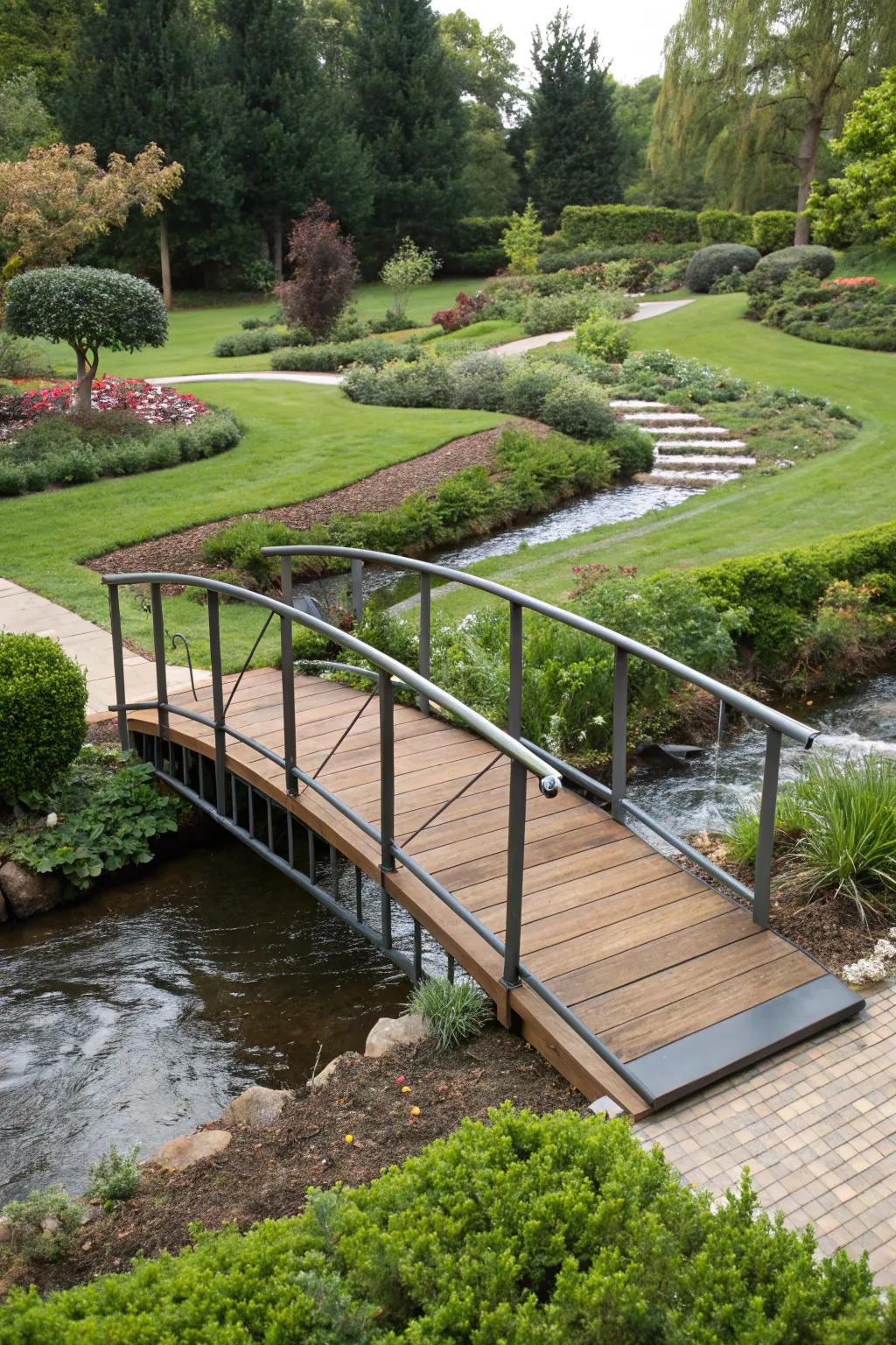 A modern metal and wood bridge blends contemporary style with natural beauty.
