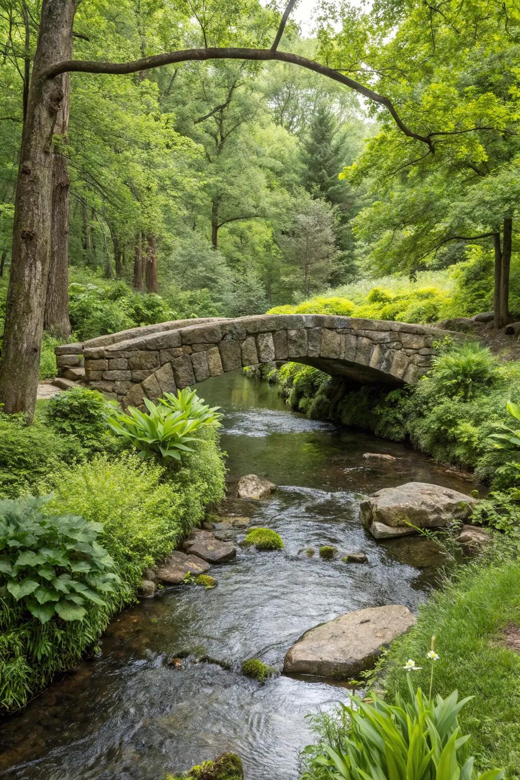 A stone slab bridge provides a sturdy and timeless crossing over the creek.