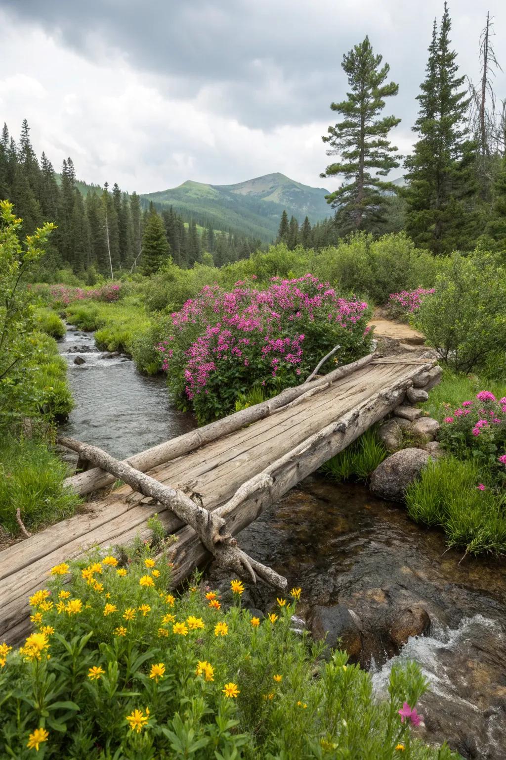 A rustic log bridge perfectly complements the natural surroundings of a forest stream.