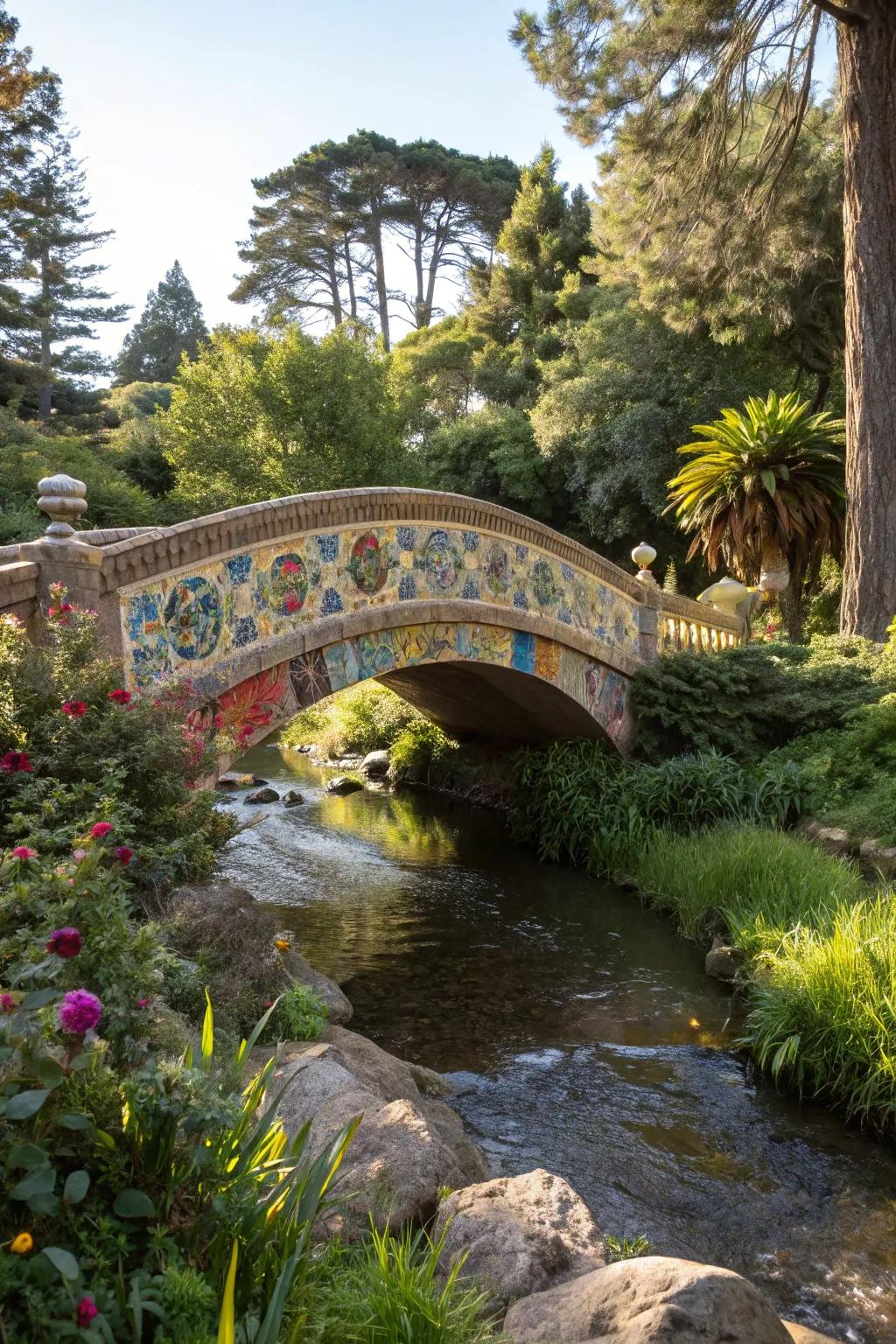 A colorful mosaic bridge adds artistic vibrancy to the garden landscape.