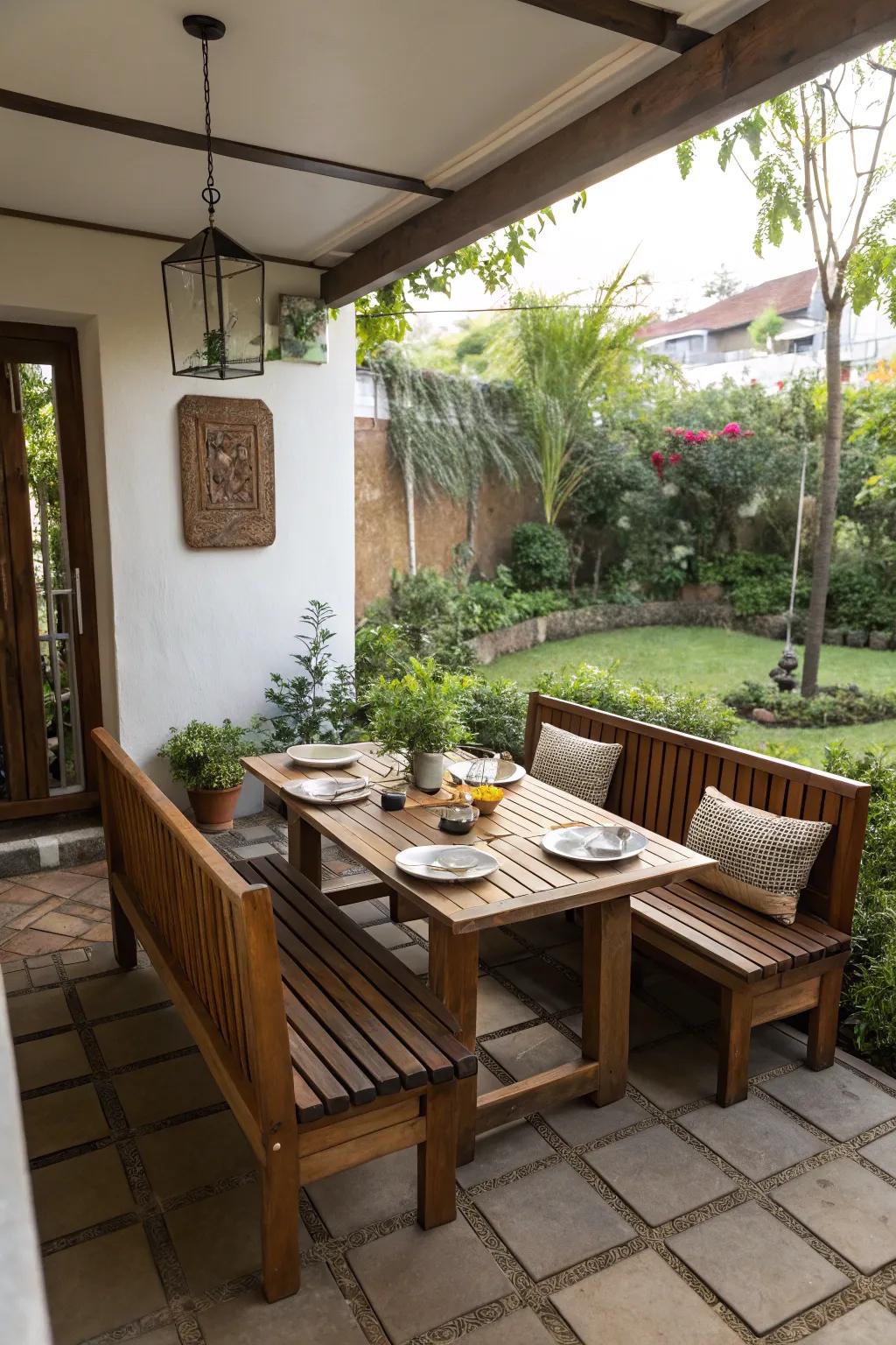 Built-in benches provide ample seating while optimizing space.