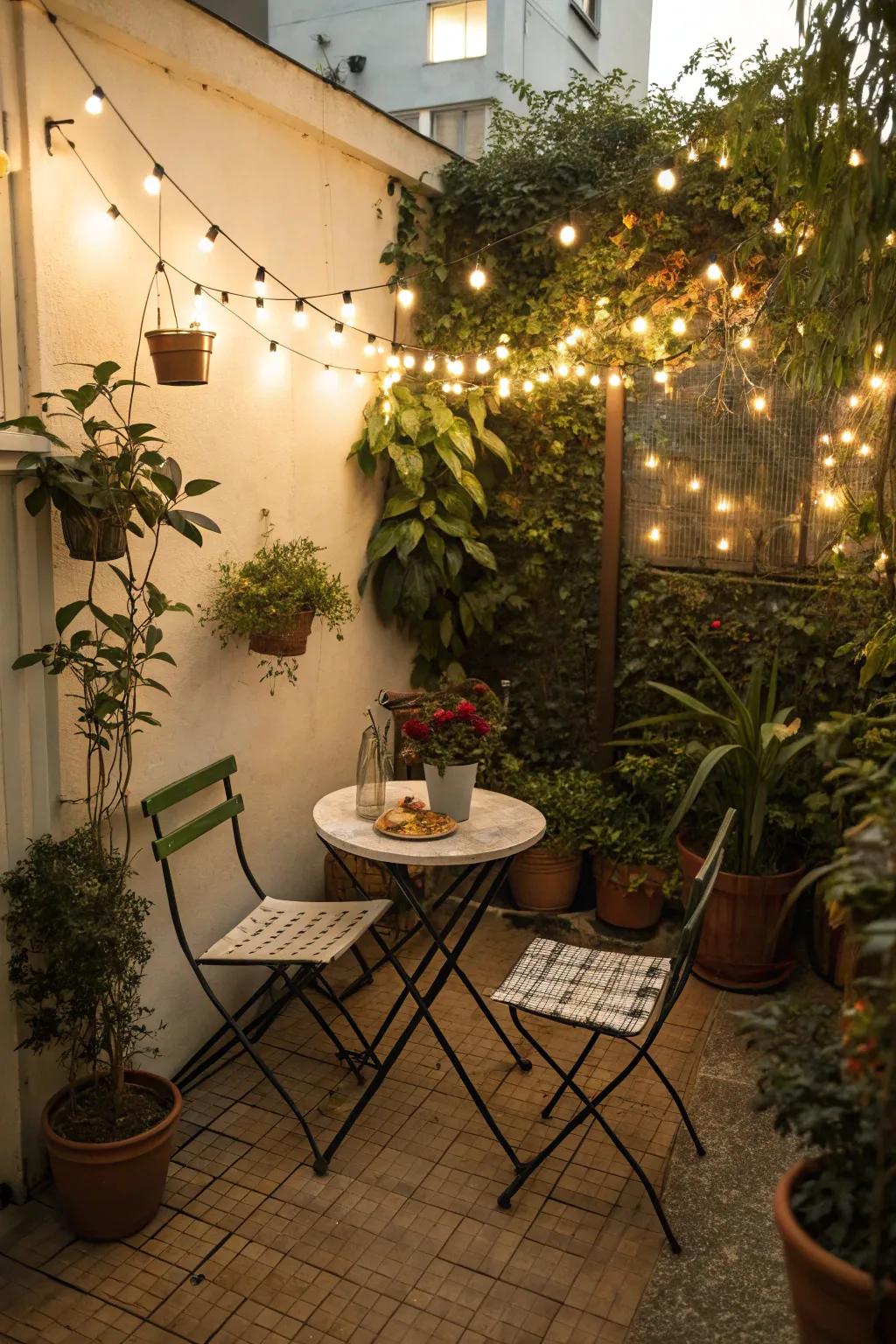 A bistro set creates an intimate dining nook in any small outdoor area.