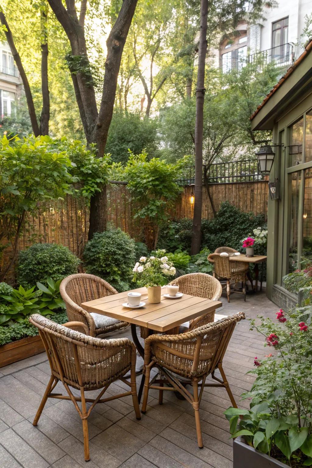 Natural materials like wood and rattan add warmth to outdoor dining spaces.